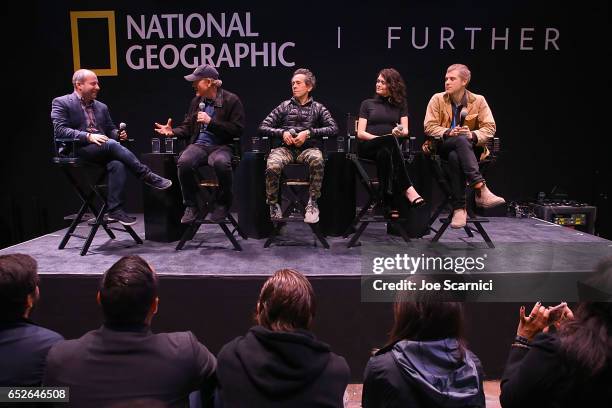 Chris Rosen, Ron Howard, Brian Grazer, Samantha Colley and Johnny Flynn speak onstage at the Genius Panel at the "Nat Geo Further Base Camp" during...