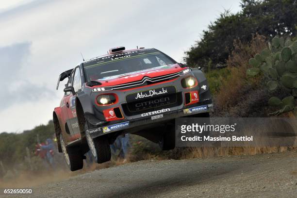 Kris Meeke of Great Britain and Paul Nagle of Ireland compete in their Citroen Total Abu Dhabi WRT Citroen C3 WRC during Day Three of the WRC Mexico...