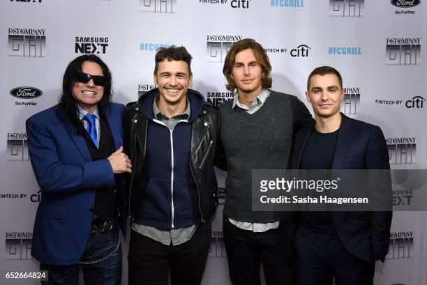 Actors Tommy Wiseau, James Franco Greg Sestero and Dave Franco attend Fast Company's pre-reception for a screening of "The Disaster Artist" at the FC...