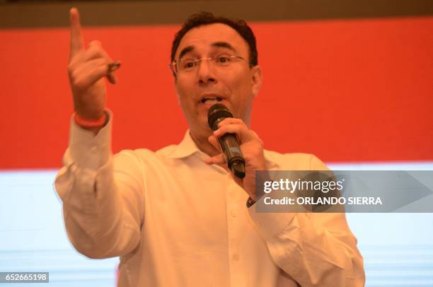 Opposition candidate of the Liberty Party, Luis Zelaya, addresses supporters after declaring victory in the primary elections in Tegucigalpa, on...