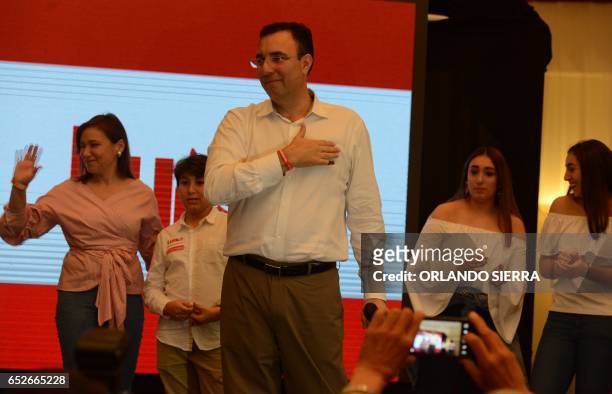 Opposition candidate of the Liberty Party, Luis Zelaya, addresses supporters after declaring victory in the primary elections in Tegucigalpa, on...