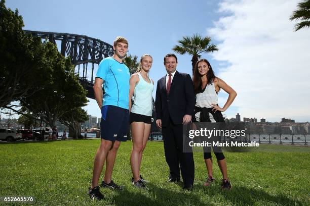 James Turner, Riley Day, Ella Nelson and Minister for Sport, Stuart Ayres pose during the Australian Athletics Championships Launch on March 13, 2017...