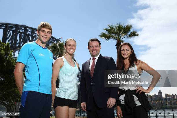 James Turner, Riley Day, Ella Nelson and Minister for Sport, Stuart Ayres pose during the Australian Athletics Championships Launch on March 13, 2017...