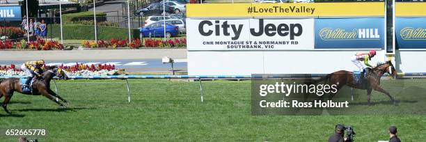 Montoya's Secret ridden by Steven Arnold wins the Jeep City Hawk Handicap at Moonee Valley Racecourse on March 13, 2017 in Moonee Ponds, Australia.