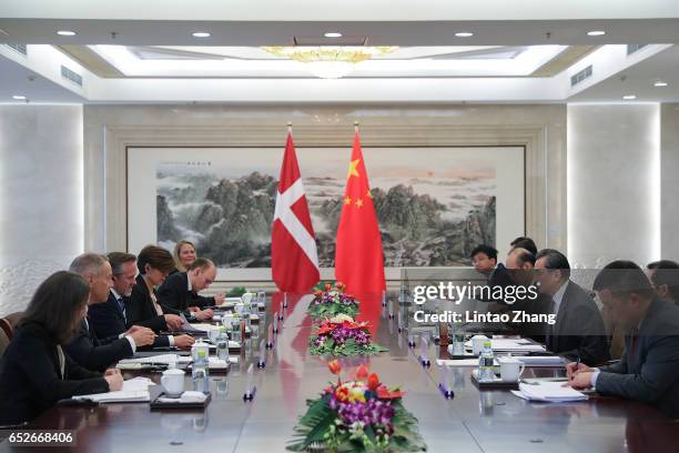 Chinese Foreign Minister Wang Yi meeting with Denmark's Foreign Minister Anders Samuelsen at the Ministry of Foreign Affairs on March 13, 2017 in...