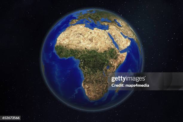 A satellite and 3d rendered world globe earth image of Africa. Photo Maps4media via Getty Images.