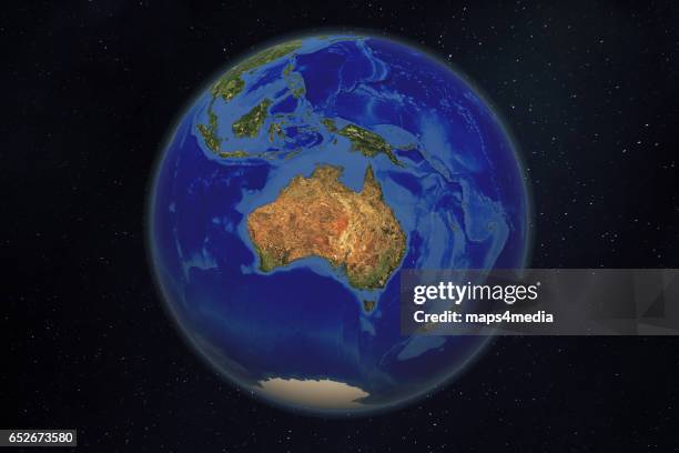 A satellite and 3d rendered world globe earth image of Australia. Photo Maps4media via Getty Images.