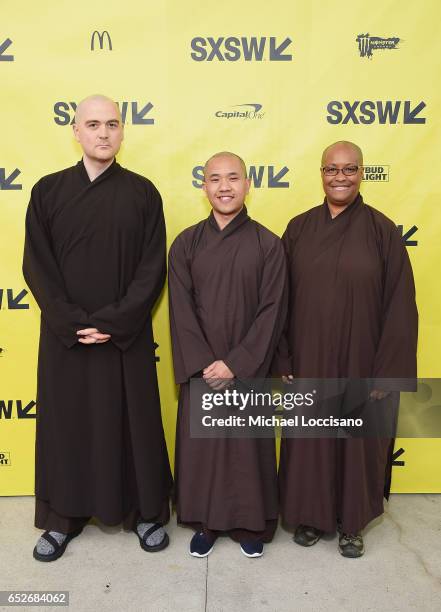 Film subjects Phap Linh, Phap Huu and Sister Peace attend the "Walk With Me" premiere during 2017 SXSW Conference and Festivals at the ZACH Theatre...