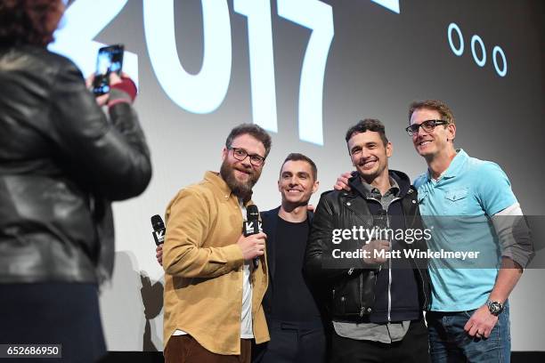 Actor/producer Seth Rogen, actor Dave Franco, and actor/director James Franco speak onstage during the "The Disaster Artist" premiere 2017 SXSW...