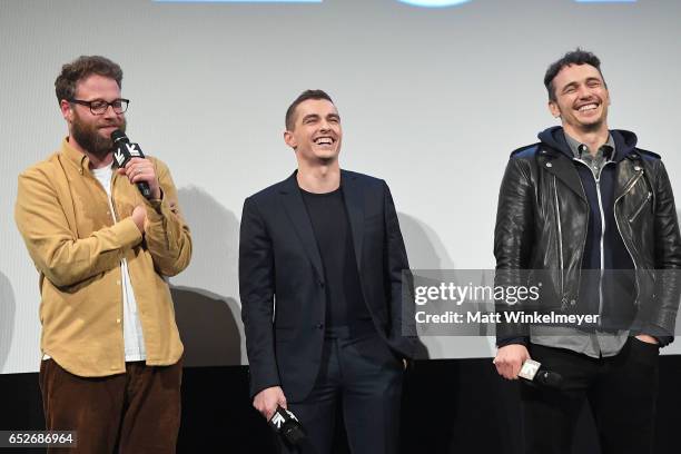 Actor/producer Seth Rogen, actor Dave Franco, and actor/director James Franco speak onstage during the "The Disaster Artist" premiere 2017 SXSW...