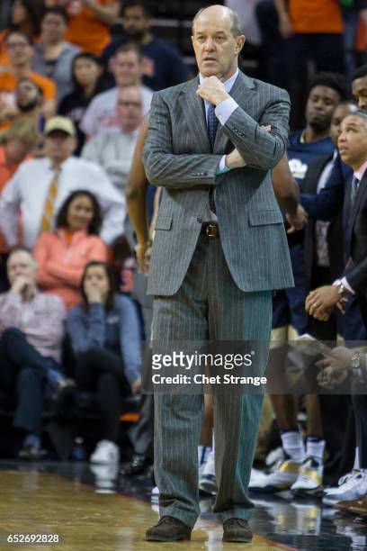 Head coach Kevin Stallings of the Pittsburgh Panthers during Pittsburgh's game against the Virginia Cavaliers at John Paul Jones Arena on March 4,...