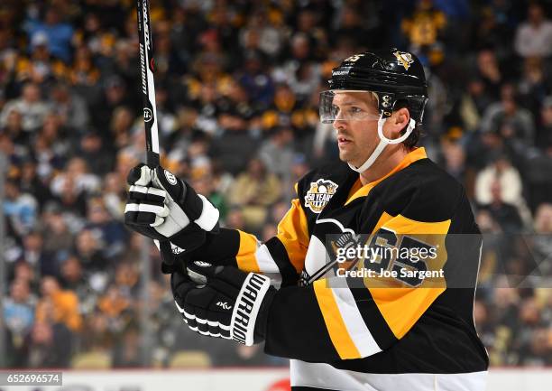 Ron Hainsey of the Pittsburgh Penguins skates against the Buffalo Sabres at PPG Paints Arena on March 5, 2017 in Pittsburgh, Pennsylvania.