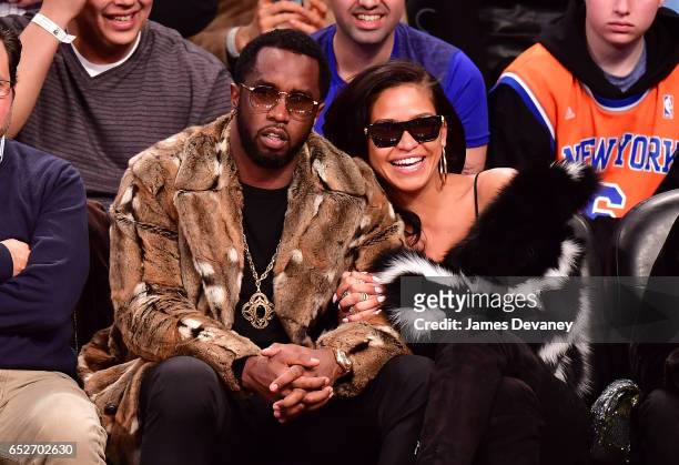 Sean 'Diddy' Combs and Cassie Ventura attend New York Knicks Vs. Brooklyn Nets game at Barclays Center on March 12, 2017 in New York City.