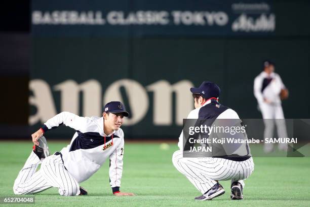 Seiji Kobayashi of SAMURAI JAPAN looks on during on the practice day during the World Baseball Classic at the Tokyo Dome on March 13, 2017 in Tokyo,...