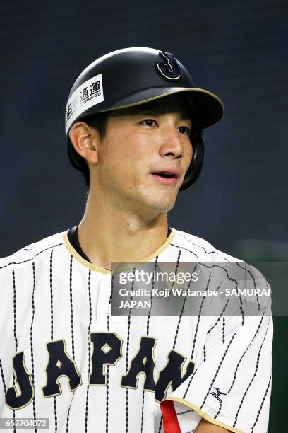 Seiji Kobayashi of SAMURAI JAPAN looks on during on the practice day during the World Baseball Classic at the Tokyo Dome on March 13, 2017 in Tokyo,...