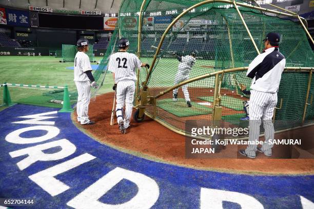 Seiji Kobayashi of SAMURAI JAPAN looks on during on the practice day during the World Baseball Classic at the Tokyo Dome on March 13, 2017 in Tokyo,...