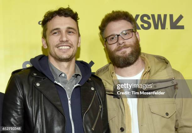 James Franco and Seth Rogen attend the premiere of "The Disaster Artist" during the 2017 SXSW Conference And Festivals at the Paramount Theater on...