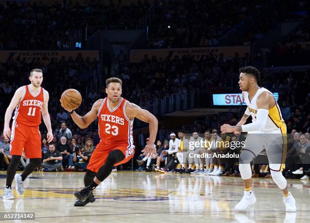 Justin Anderson of Philadelphia 76ers in action during Los Angeles Lakers and Philadelphia 76ers NBA game in Staples Center in Los Angeles, United...