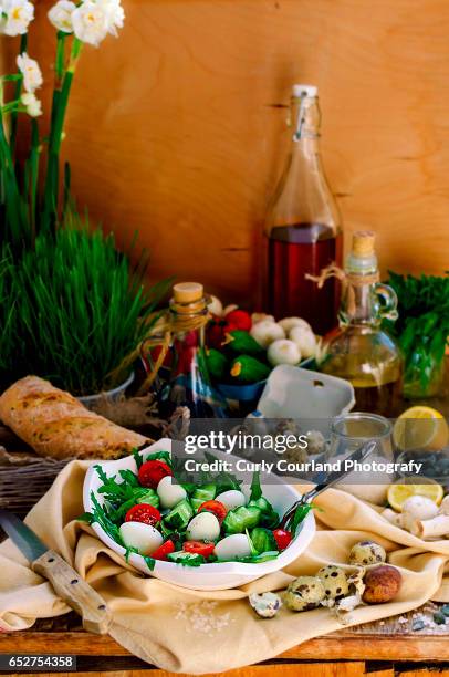 quail egg salad with cherry tomatoes, cucumbers, arugula, pumpkin seeds - azeite extra virgem imagens e fotografias de stock