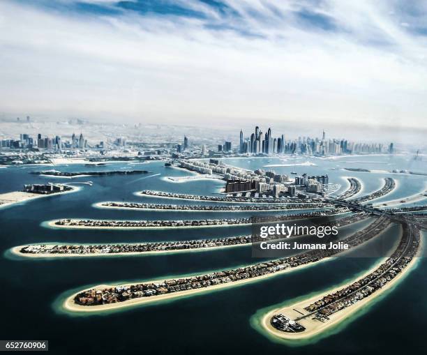 aerial view of palm jumeirah and dubai marina - atlantis stock-fotos und bilder