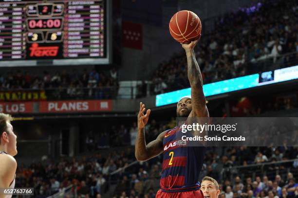 Tyrese Rice, #2 guard of FC Barcelona during the Liga Endesa game between Real Madrid v FC Barcelona at Barclaycard Center on March 12, 2017 in...