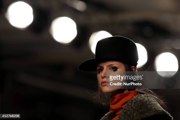 Model presents a creation from the Portuguese fashion designer Dino Alves Fall/Winter 2017/2018 collection during the Lisbon Fashion Week -...