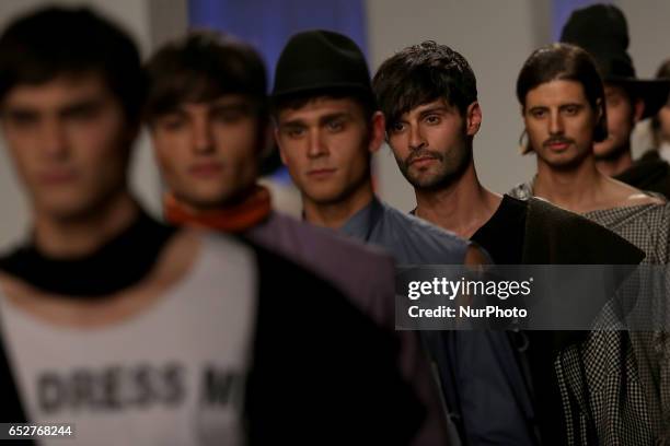 Model presents a creation from the Portuguese fashion designer Dino Alves Fall/Winter 2017/2018 collection during the Lisbon Fashion Week -...