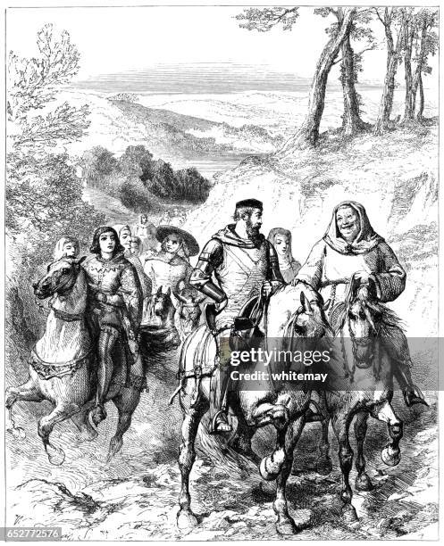 pilgrims on their way to canterbury - pilgrim stock illustrations