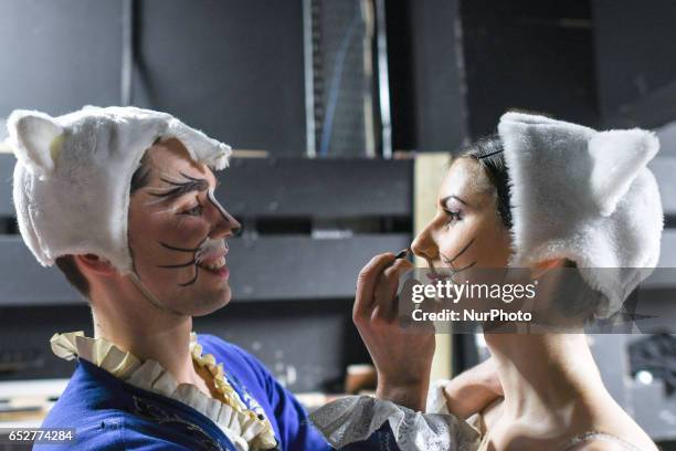 Natalia Gubanova and Alexey Gerasimov preparing for their roles of the White Cat and Puss in Boots, in 'Sleeping Beauty' performed by The Royal...