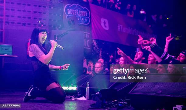 Alexis Krauss of Sleigh Bells performs onstage during Never Going Back Presented by Tumblr in support of Planned Parenthood at Mohawk on March 12,...