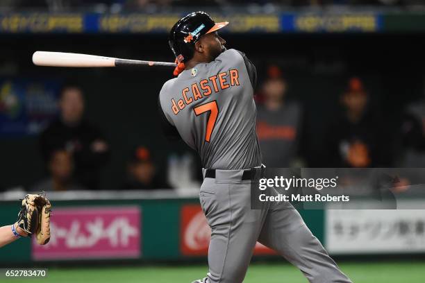 Infielder Yurendell de Caster of the Netherlands hits a RBI single to make it 2-0 in the top of the second inning during the World Baseball Classic...