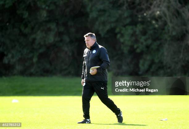 Craig Shakespeare, Manager of Leicester City makes his way to training during a Leicester City Training Session ahead of their UEFA Champions League...