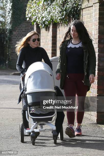 Geri Horner seen walking her new baby boy Montague George Hector in Hampstead on March 13, 2017 in London, England.