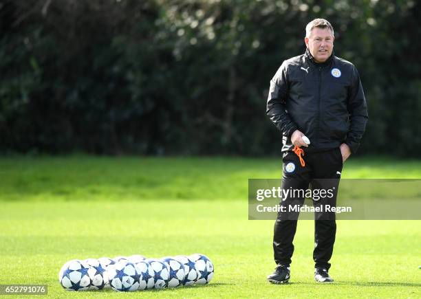 Craig Shakespeare, Manager of Leicester City makes his watches the squad train during a Leicester City Training Session ahead of their UEFA Champions...