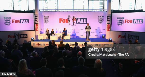 Martin Glenn, Football Association Chief Executive talks during the Women's Football Strategy Launch at Wembley Stadium on March 13, 2017 in London,...