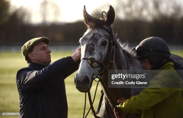 Cheltenham , United Kingdom - 13 March 2017; Trainer Henry de Bromhead, left, and rider Stephen Dunphy with Petit Mouchoir on the gallops prior to...