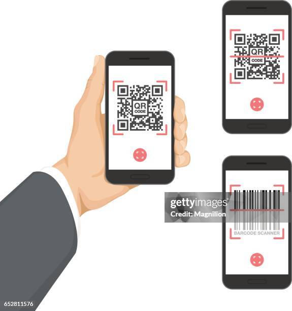 illustrazioni stock, clip art, cartoni animati e icone di tendenza di business hand holding smartphone con codice qr e app barcode - qr code
