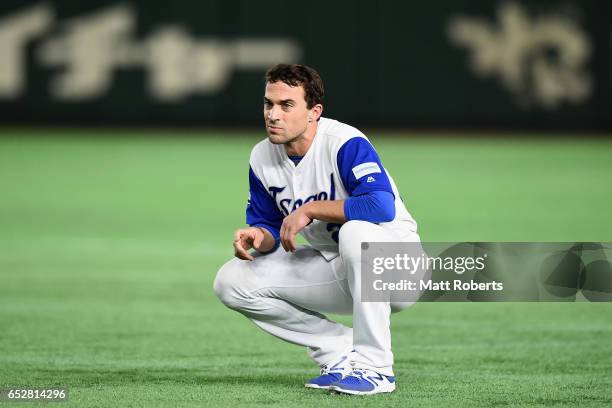 Outfielder Sam Fuld of Israel reacts after a striking out in the bottom of the fifth inning during the World Baseball Classic Pool E Game Three...