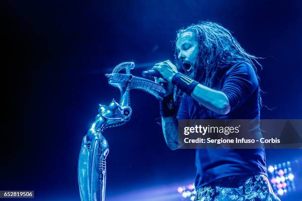 Jonathan Davis of American nu metal band Korn performs on stage on March 12, 2017 in Milan, Italy.