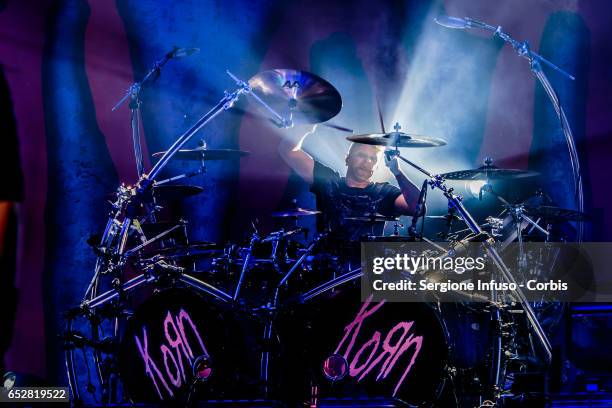 Ray Luzier of American nu metal band Korn performs on stage on March 12, 2017 in Milan, Italy.