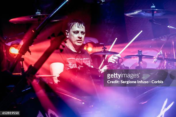 Ray Luzier of American nu metal band Korn performs on stage on March 12, 2017 in Milan, Italy.