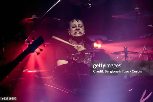 Ray Luzier of American nu metal band Korn performs on stage on March 12, 2017 in Milan, Italy.