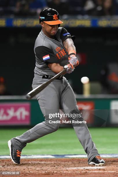 Pinch hitter Infielder Sharlon Schoop of the Netherlands swings in the top of the seventh inning during the World Baseball Classic Pool E Game Three...