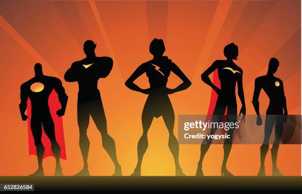 vector silhouette superhero team pose - superhero shadow stock illustrations