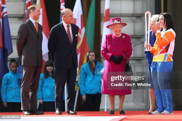 Prince Edward, Earl of Wessex, Prince Philip, Duke of Edinburgh, Queen Elizabeth II and Anna Meares attend the launch of The Queen's Baton Relay for...