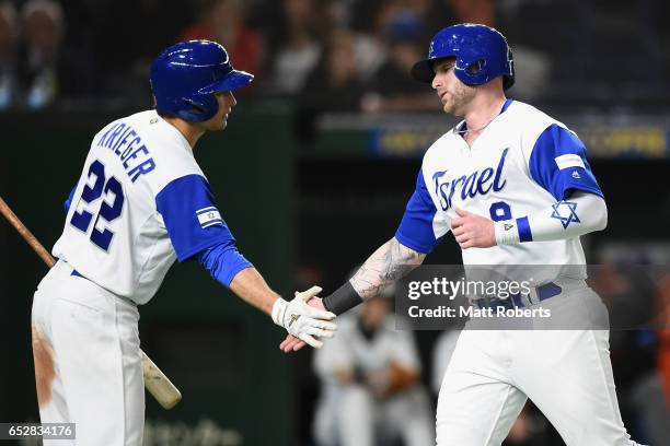 Catcher Nick Rickles of Israel celebrates with Infielder Tyler Krieger after scoring a run to make it 10-2 by a RBI single of Outfielder Blake Gailen...