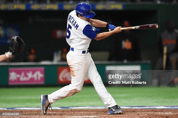 Infielder Scott Burcham of Israel hits a single in the bottom of the seventh inning during the World Baseball Classic Pool E Game Three between...