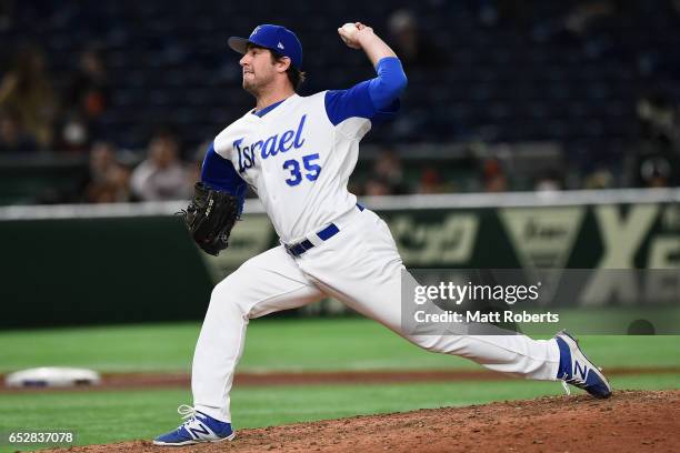 Pitcher Jake Kalish of Israel throws in the top of the eighth inning during the World Baseball Classic Pool E Game Three between Netherlands and...