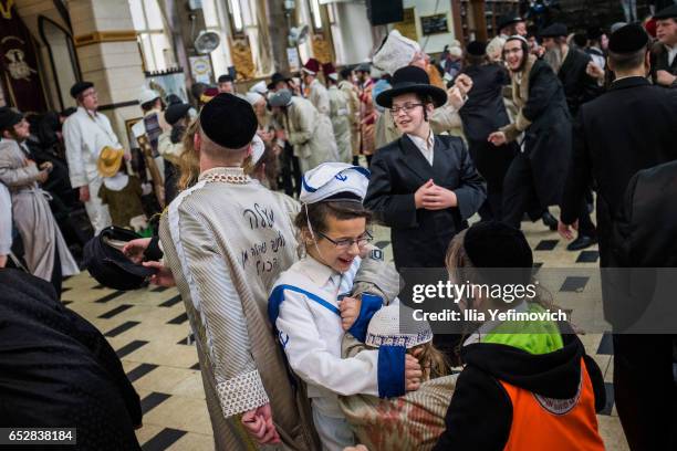 Ultra Orthodox Jews celebrating holiday of Purim on March 13, 2017 in Jerusalem, Israel. The carnival-like Purim holiday is celebrated with parades...