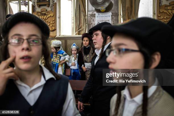 Ultra Orthodox Jews celebrating holiday of Purim on March 13, 2017 in Jerusalem, Israel. The carnival-like Purim holiday is celebrated with parades...